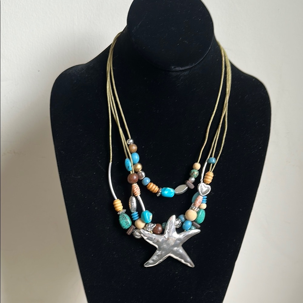 Multicolor Beaded Starfish Necklace 3-strand, wood, metal, stone adjustable